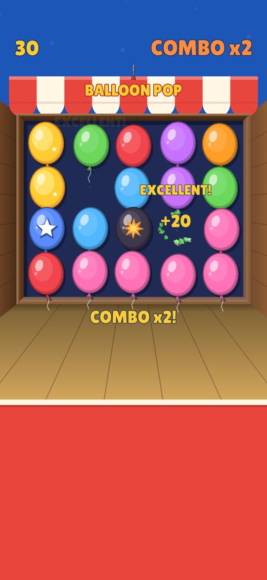 Balloon Pop on the Boardwalk: a wall of balloons, one just popped for +20 and COMBO x2