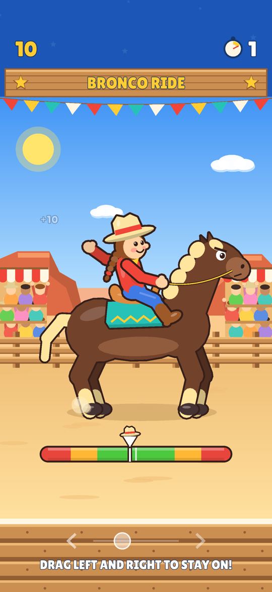Bronco Ride in the Desert: a rider in a cowboy hat hangs on to a bucking bronco in front of the crowd