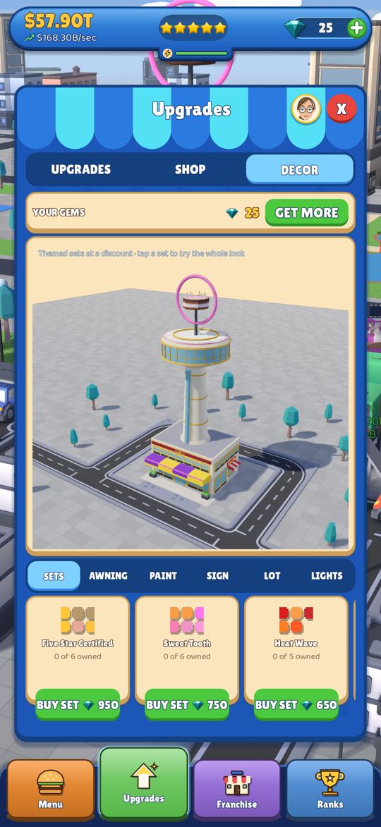 The Decor studio: a preview of the Mega Restaurant over themed decor sets, with tabs for awnings, paint, signs, the lot and lights