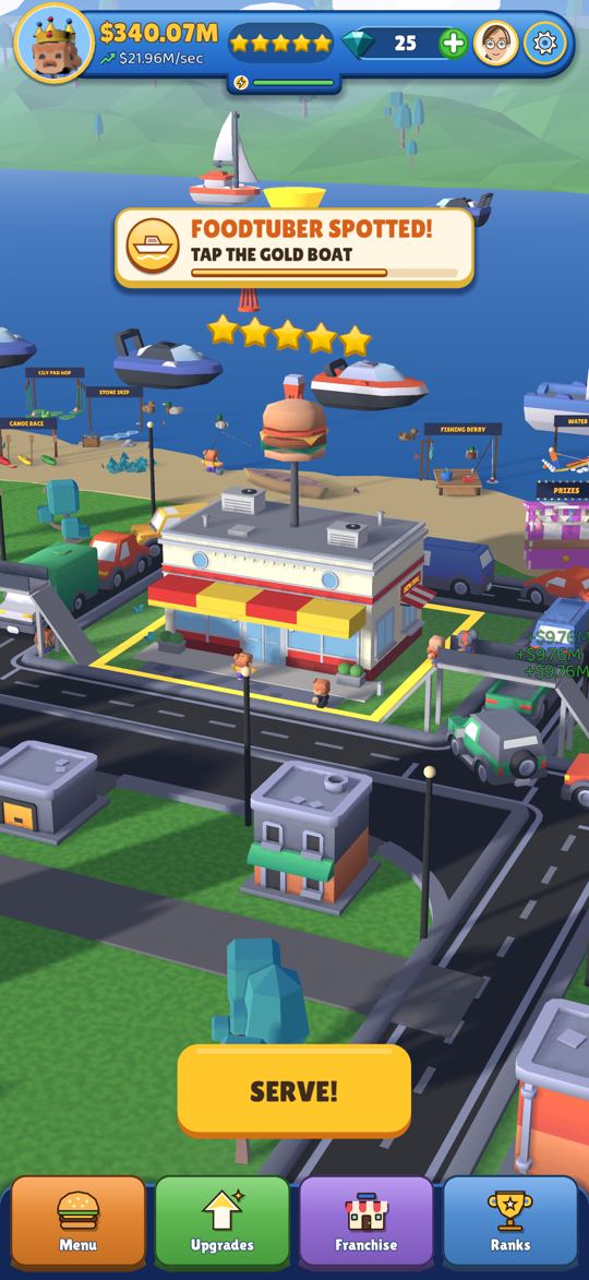 A diner with a giant burger on its roof at the Lakeside, boats on the water and a FOODTUBER SPOTTED! alert to tap the gold boat