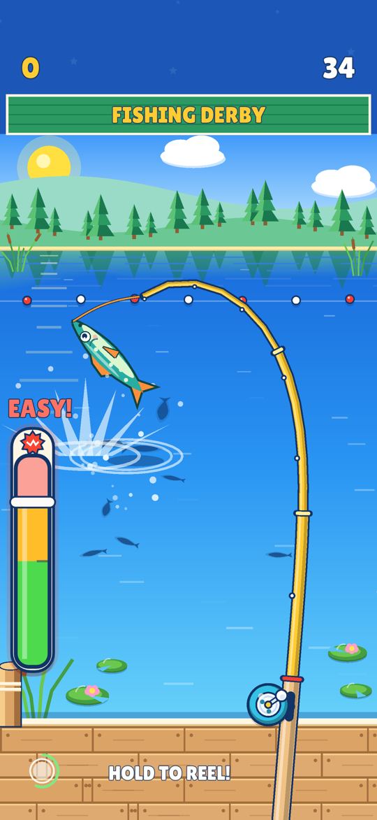 Fishing Derby at the Lakeside: a big fish leaps out of the water on a bent rod