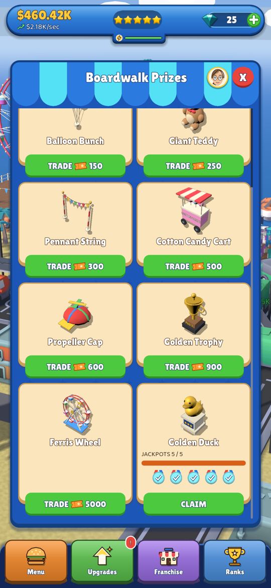 The Boardwalk prize counter: a giant teddy, a cotton candy cart, a propeller cap, a Ferris wheel and the Golden Duck trophy