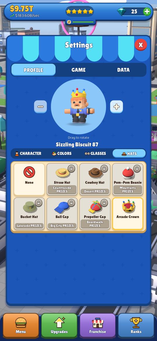 The PROFILE page in Settings: the player's character in the Arcade Crown above a page of hats, each one won at a territory's prize counter