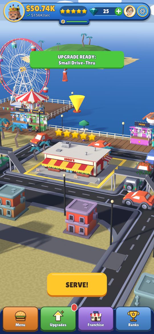 A little roadside shack with the Addie's sign on the Boardwalk, cars on the road and a Ferris wheel and the sea behind it